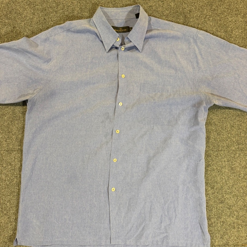 Bugatchi Uomo Mens Large Blue Short Sleeve Button Down Linen Blend Shirt Pocket
